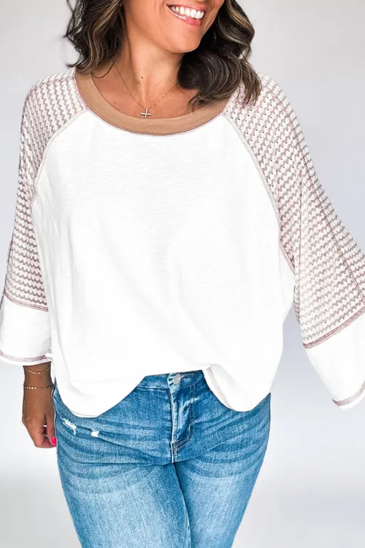 White Striped Bracelet Sleeve Raglan Patchwork Top sold by Beagle Boutique