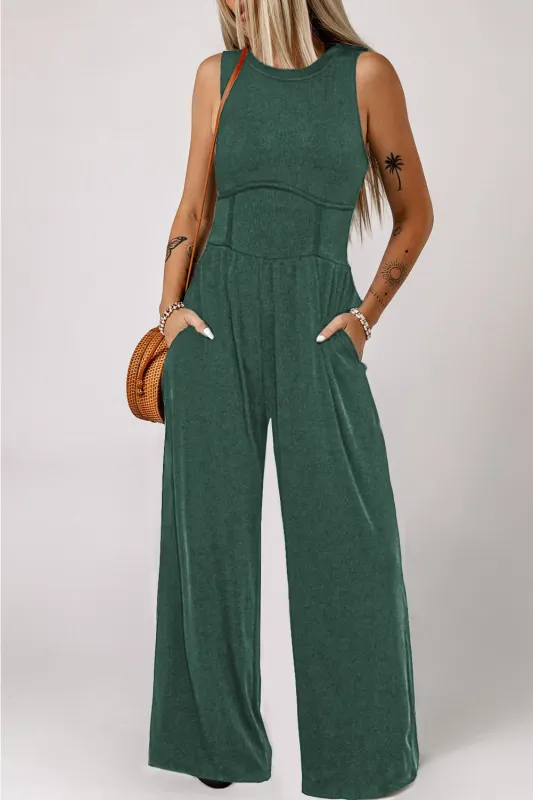 Blackish Green Cinched Waist Sleeveless Wide Leg Jumpsuit sold by Beagle Boutique