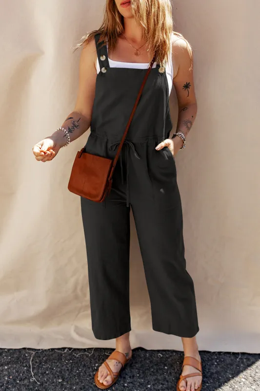 Black Drawstring Buttoned Straps Cropped Overall sold by Beagle Boutique