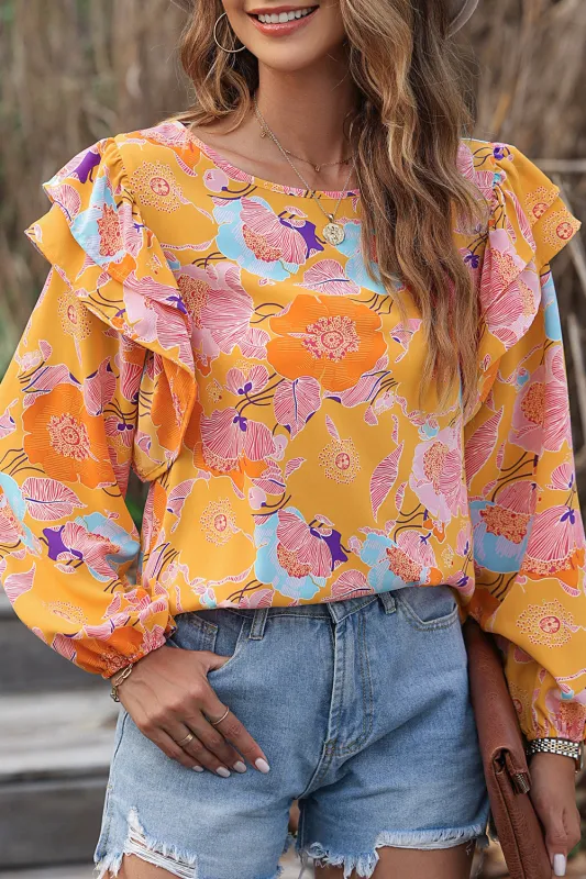 Ginger Floral Print Ruffle Puff Sleeve Blouse sold by Beagle Boutique