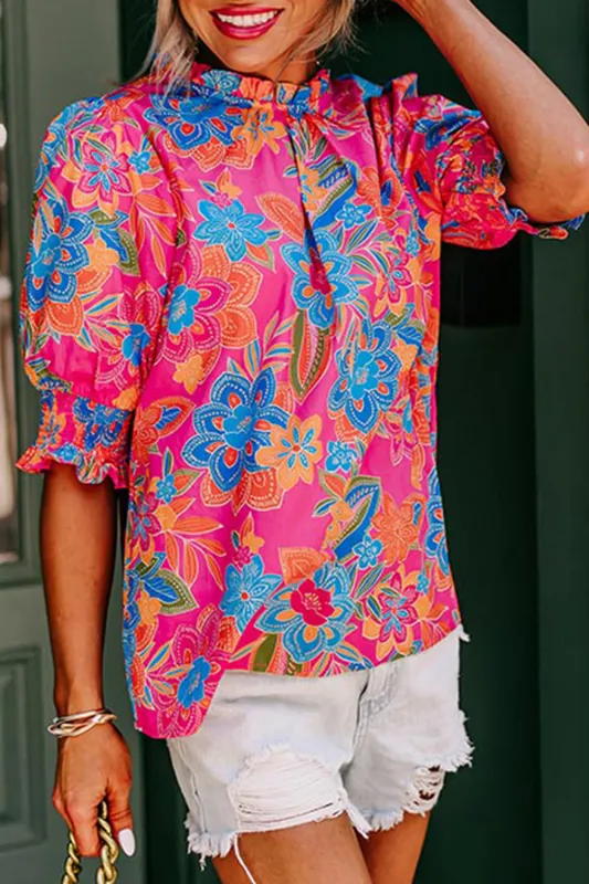 Rose Frilly Mock Neck Short Puff Sleeve Floral Blouse sold by Beagle Boutique