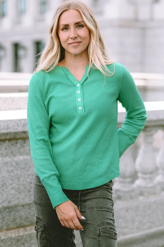Green Trimmed Neckline Waffle Knit Henley Top sold by Beagle Boutique