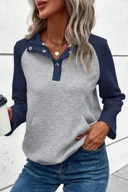 Grey Textured Contrast Splicing Raglan Sleeve Top sold by Beagle Boutique