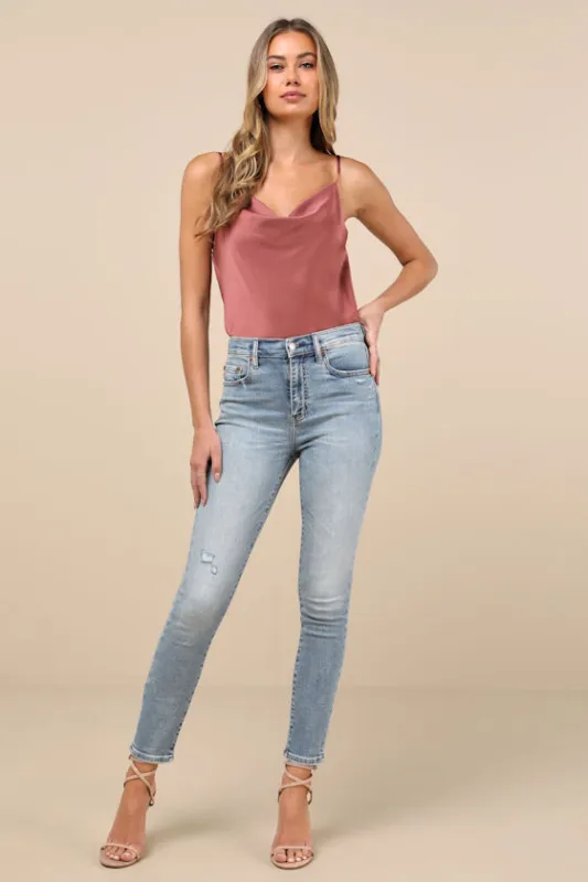 Moneymaker Light Wash Denim High-Rise Distressed Skinny Jeans sold by Lulus