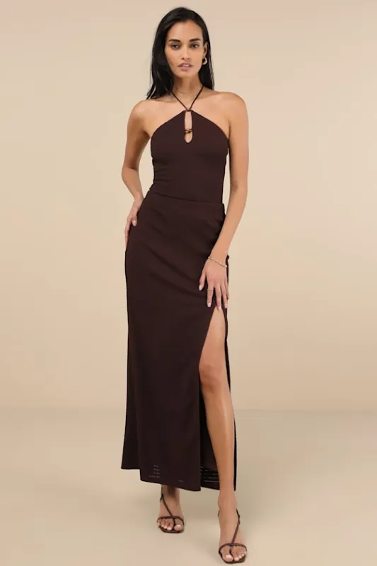 Fania Dark Brown Textured Knit Maxi Skirt sold by Lulus