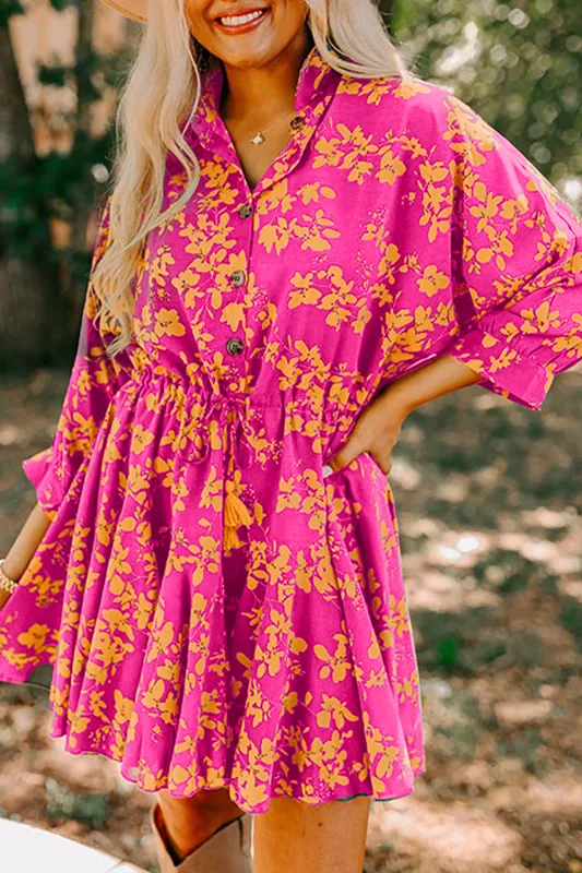 Pink Floral Print Drawstring Tunic Flowy Short Dress sold by Beagle Boutique