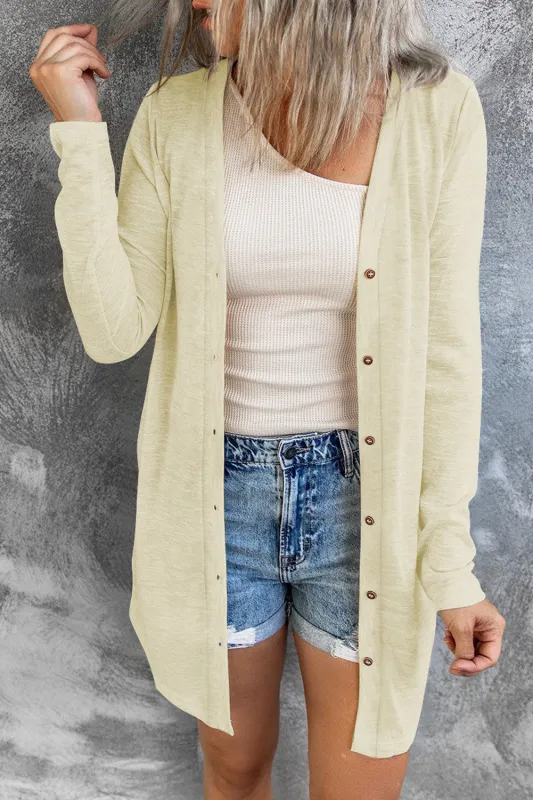 Beige Solid Color Open-Front Buttons Cardigan sold by Beagle Boutique