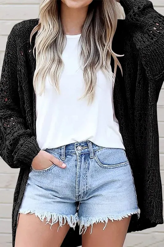 Black Casual Hollowed Knit Dolman Sleeve Cardigan sold by Beagle Boutique