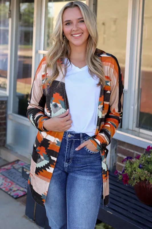 Orange Western Tribal Aztec Print Cardigan sold by Beagle Boutique