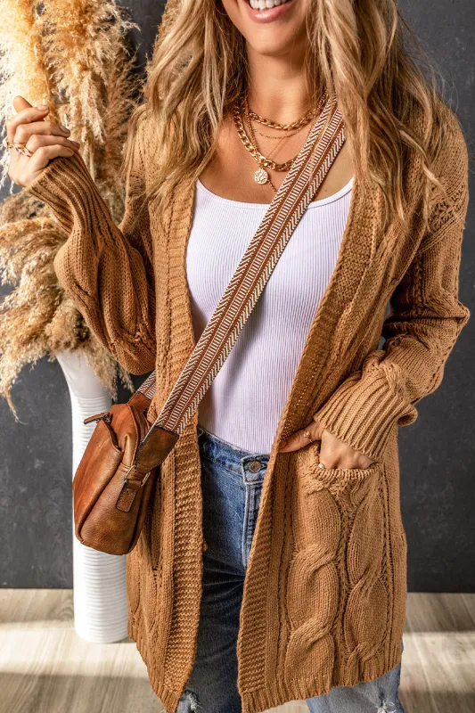 Khaki Ribbed Trim Eyelet Cable Knit Cardigan sold by Beagle Boutique