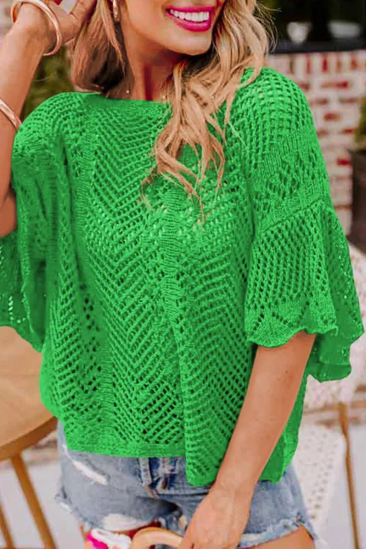 Green Pointelle Knit Scallop Edge Short Sleeve Top sold by Beagle Boutique