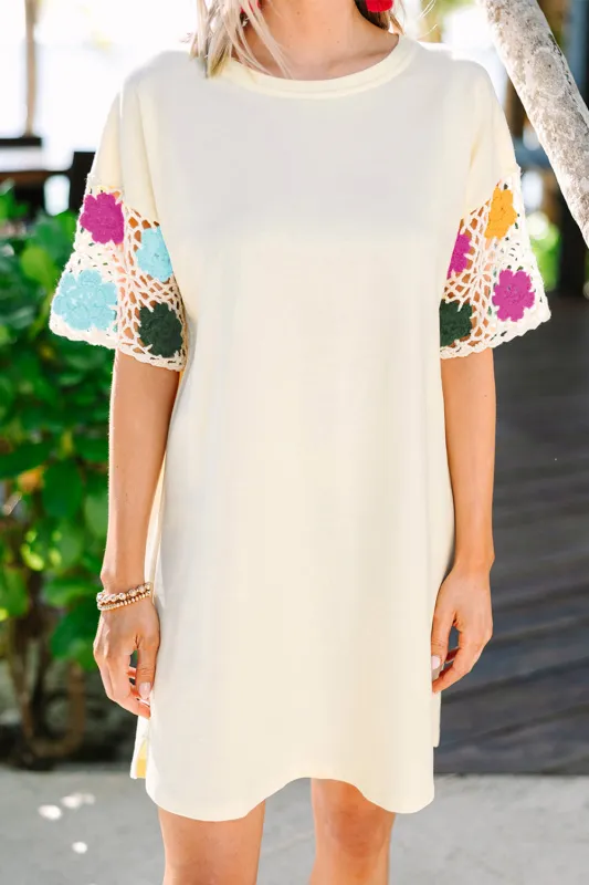 White Floral Crochet Splicing Sleeve T Shirt Dress sold by Beagle Boutique