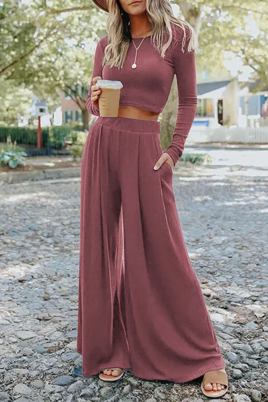 Solid Color Ribbed Crop Top Long Pants Set sold by Beagle Boutique