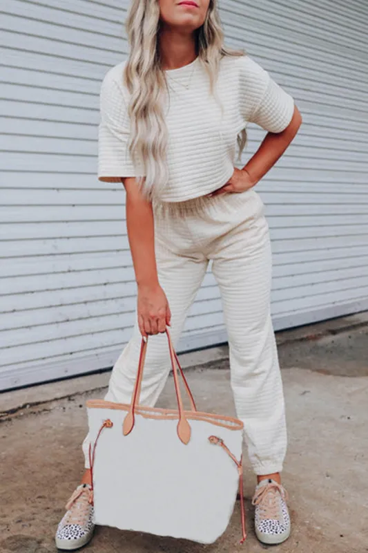 White Lattice Textured Cropped Tee and Jogger Trousers Set sold by Beagle Boutique