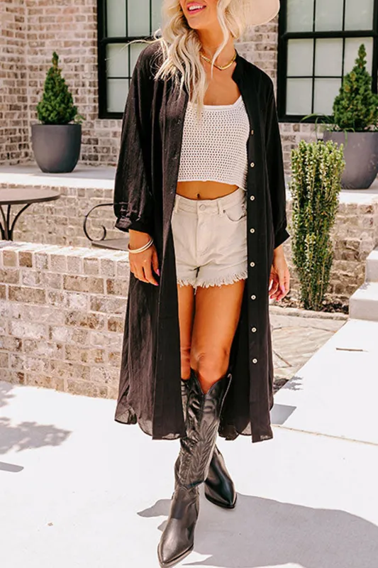 Black 3/4 Sleeve Button Up Long Kimono sold by Beagle Boutique