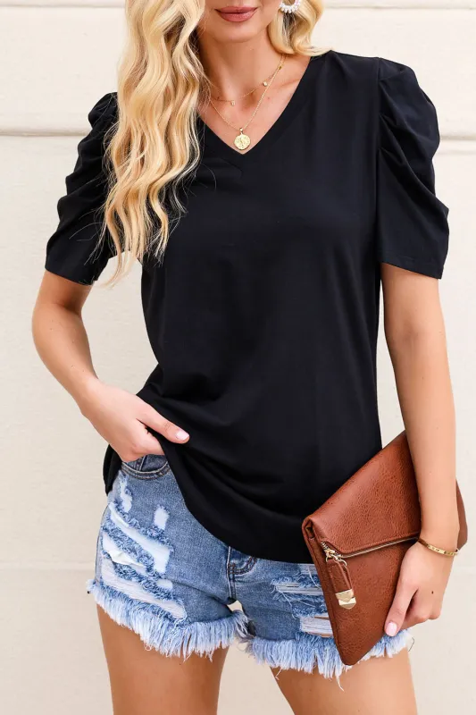 Black Puff Sleeve V-Neck T-Shirt sold by Beagle Boutique