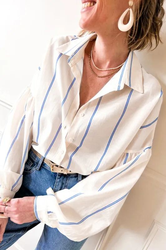 Sky Blue Stripe Drop Shoulder Bubble Sleeve Loose Shirt sold by Beagle Boutique