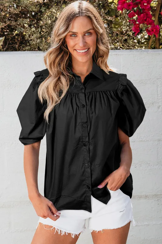 Black Crisp Puff Sleeve Loose Shirt sold by Beagle Boutique