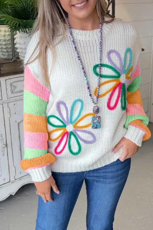 White Flower Graphic Colourblock Sleeve Crew Neck Sweater sold by Beagle Boutique