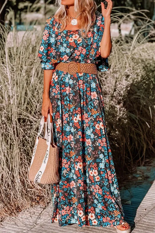 Sky Blue Floral Knotted Back Square Neck Maxi Dress sold by Beagle Boutique