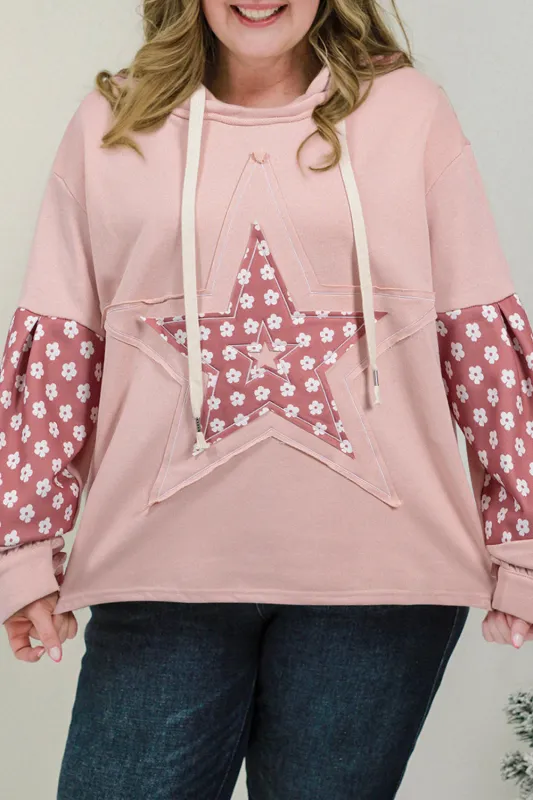 Delicacy Star Patch Graphic Floral Color Block Drawstring Plus Size Hoodie sold by Beagle Boutique