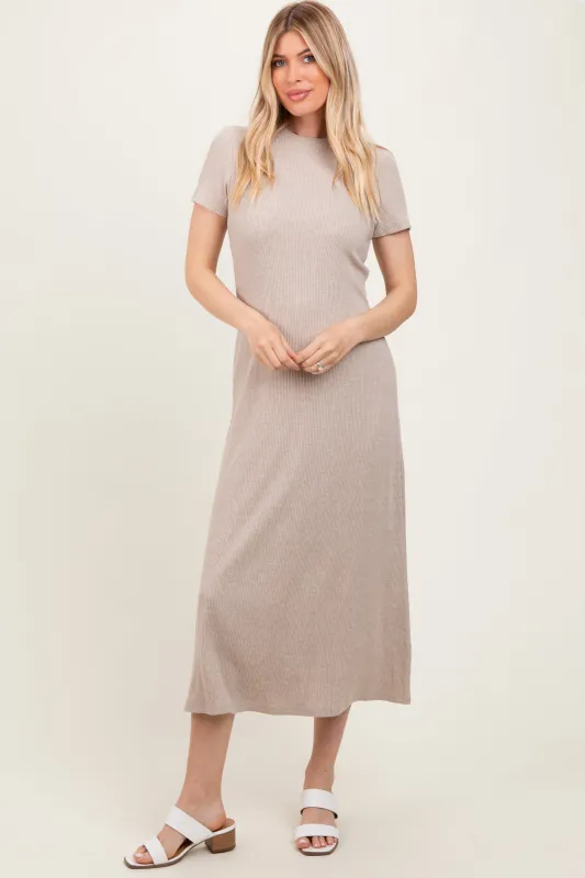 Beige Ribbed Short Sleeve Midi Dress sold by Pinkblush