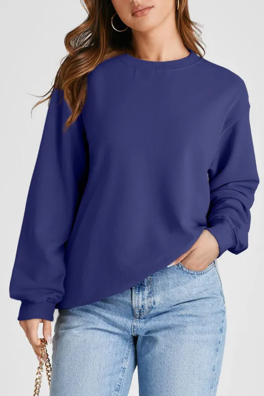 Navy Blue Plain Drop Shoulder Crewneck Pullover Sweatshirt sold by Beagle Boutique
