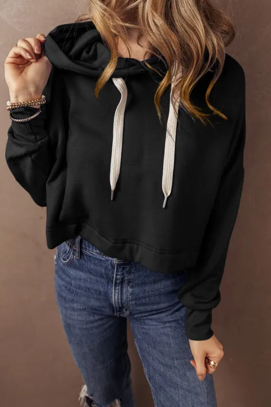 Black Solid Drop Shoulder Drawstring Cropped Hoodie sold by Beagle Boutique