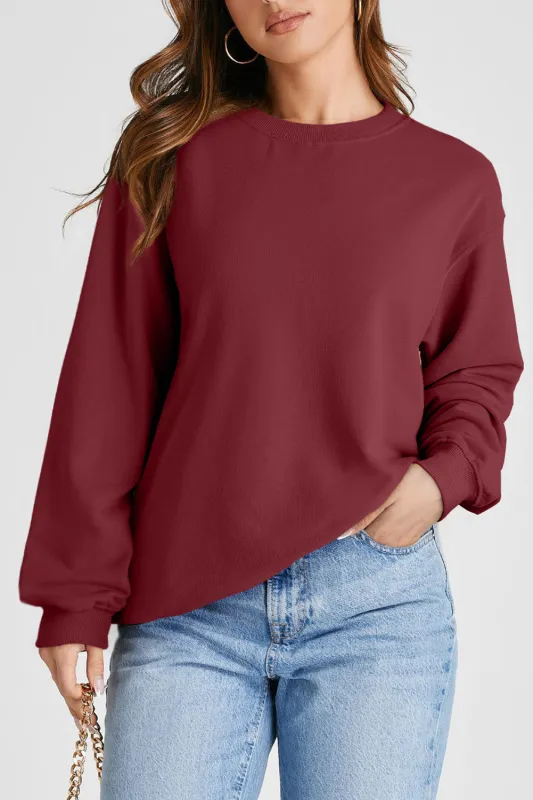 Burgundy Plain Drop Shoulder Crewneck Pullover Sweatshirt sold by Beagle Boutique