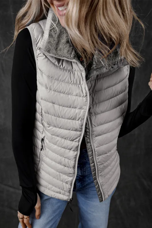 Silvery Plush Collared Quilted Zipped Puffer Vest sold by Beagle Boutique