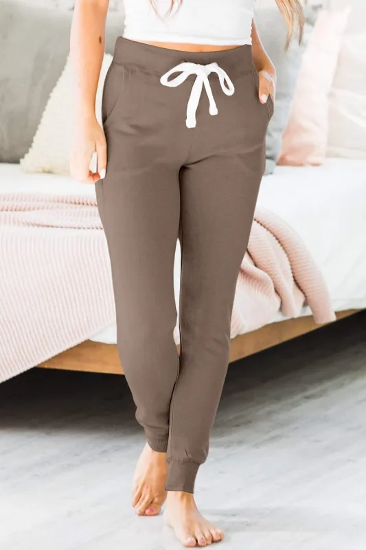 Dark Brown Drawstring Waist Pocketed Joggers sold by Beagle Boutique