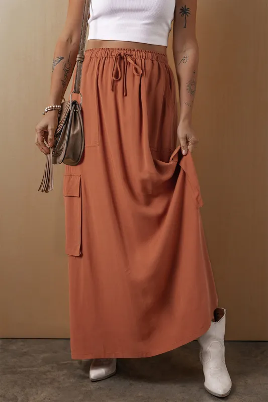 Chestnut Mineral Wash Cargo Pocket Drawstring Waist Maxi Skirt sold by Beagle Boutique