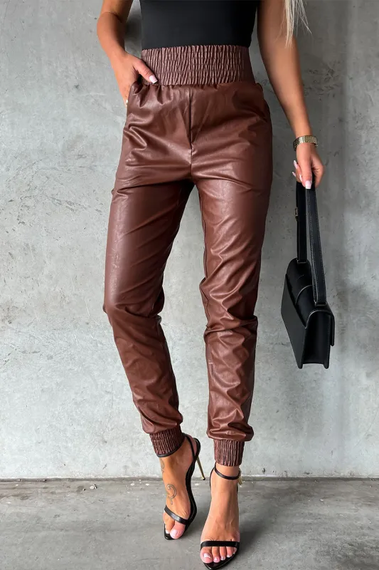 Brown Smocked High-Waist Leather Skinny Trousers sold by Beagle Boutique