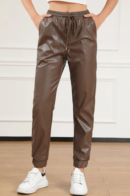 Brown Leather Tie Waist Jogger Trousers sold by Beagle Boutique
