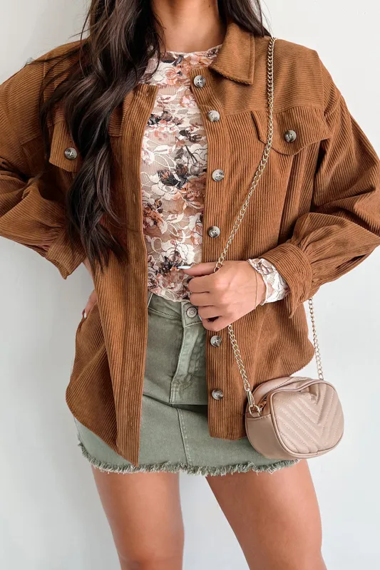Cinnamon Corduroy Flap Pocket Button Up Round Hem Shacket sold by Beagle Boutique