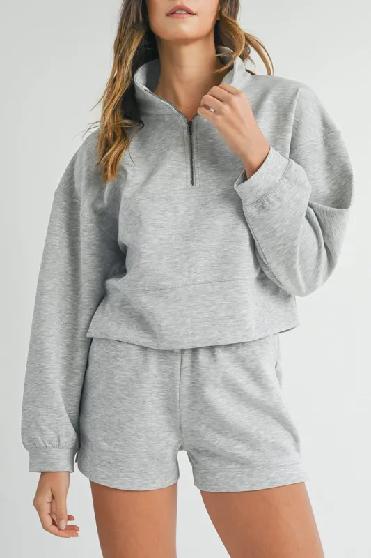 Light Grey Stand Neck Zipped Sweatshirt and Shorts Set sold by Beagle Boutique