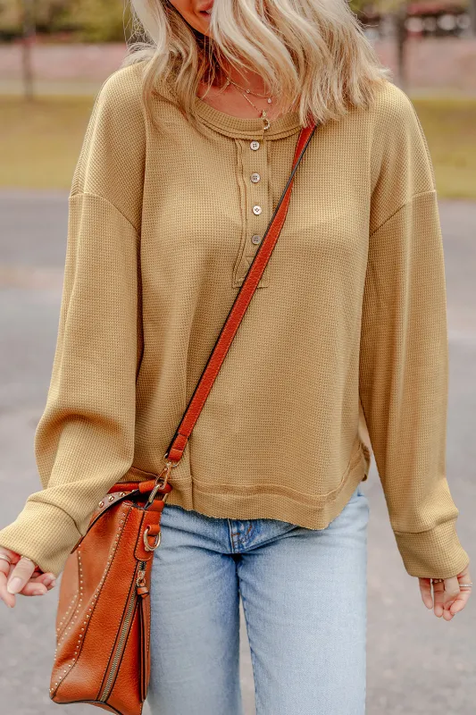 Camel Textured Knit Half Button Drop Shoulder Oversized Top sold by Beagle Boutique
