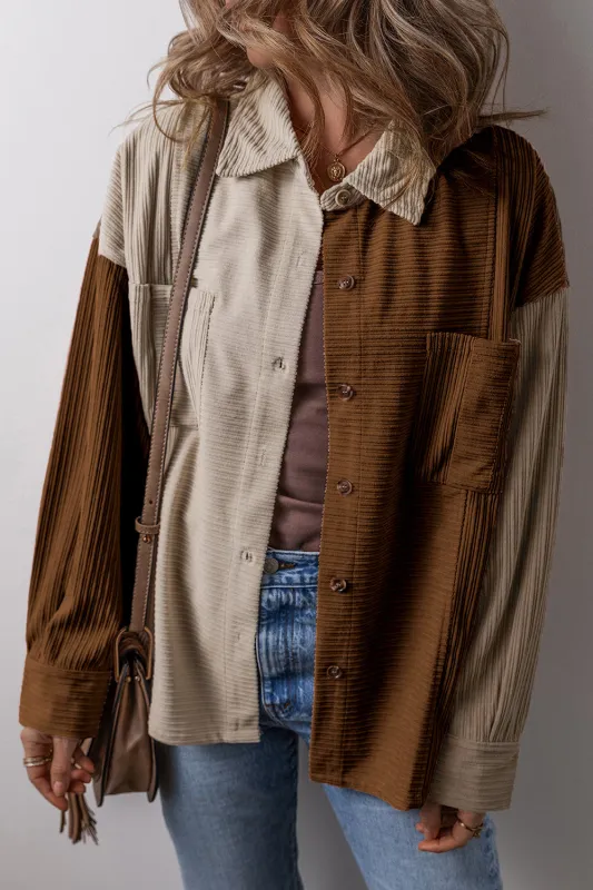Brown Colour Block Chest Pockets Buttoned Corduroy Shacket sold by Beagle Boutique