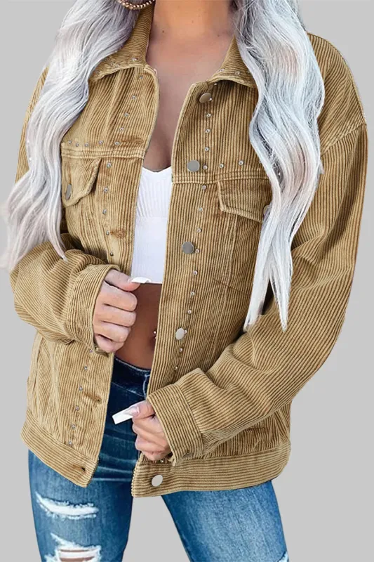 Apricot Studded Buttoned Chest Pockets Corduroy Jacket sold by Beagle Boutique