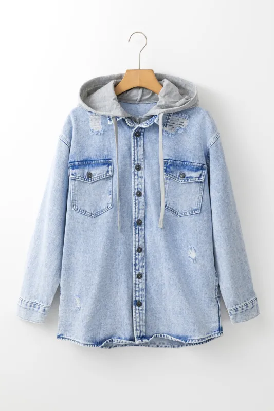 Mist Blue Oversized Contrast Hooded Denim Jacket sold by Beagle Boutique