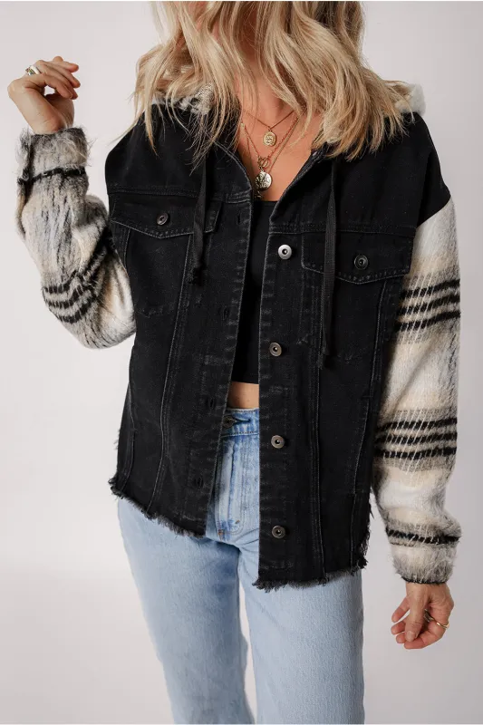 Black Plaid Sleeve Frayed Hem Hooded Denim Jacket sold by Beagle Boutique