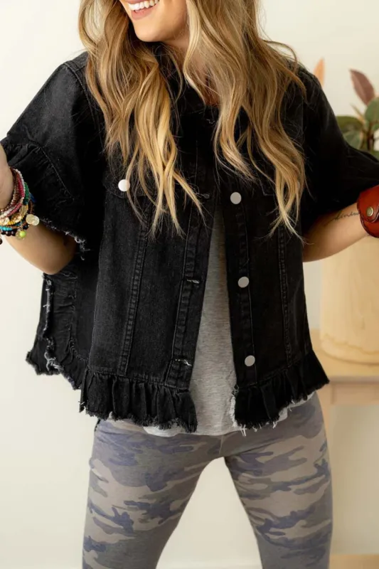 Black Raw Edge Ruffled Short Sleeve Denim Jacket sold by Beagle Boutique