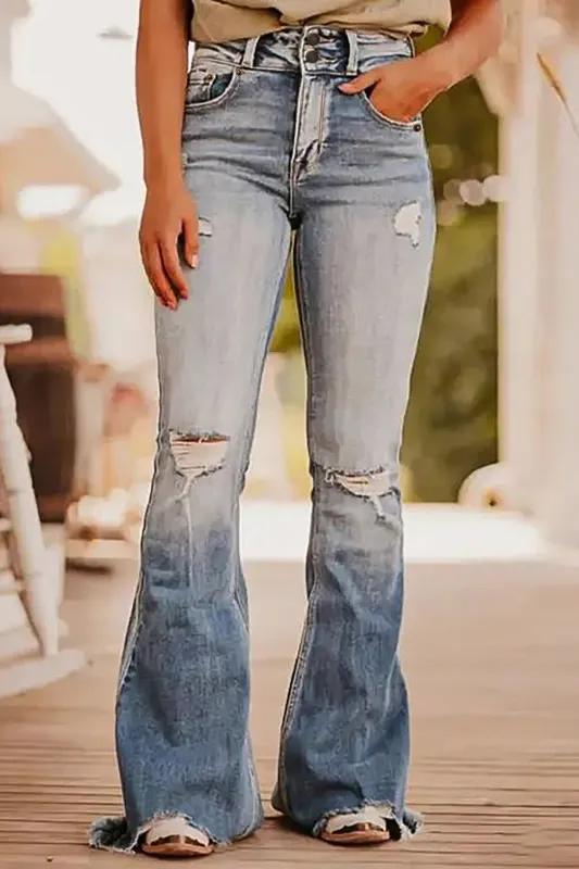 Dusk Blue Vintage Light Wash Ripped Raw Edge Flare Jeans sold by Beagle Boutique