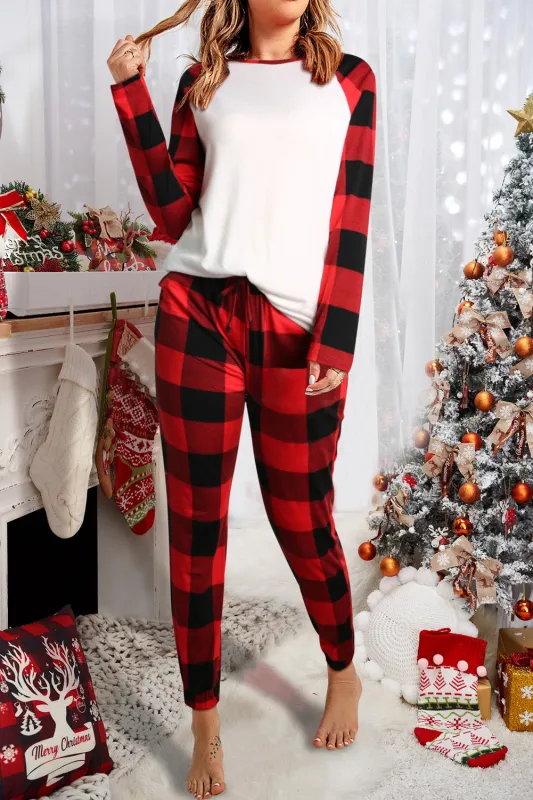 Fiery Red Plaid Raglan Sleeves Top and Drawstring Pants Pyjama Set sold by Beagle Boutique
