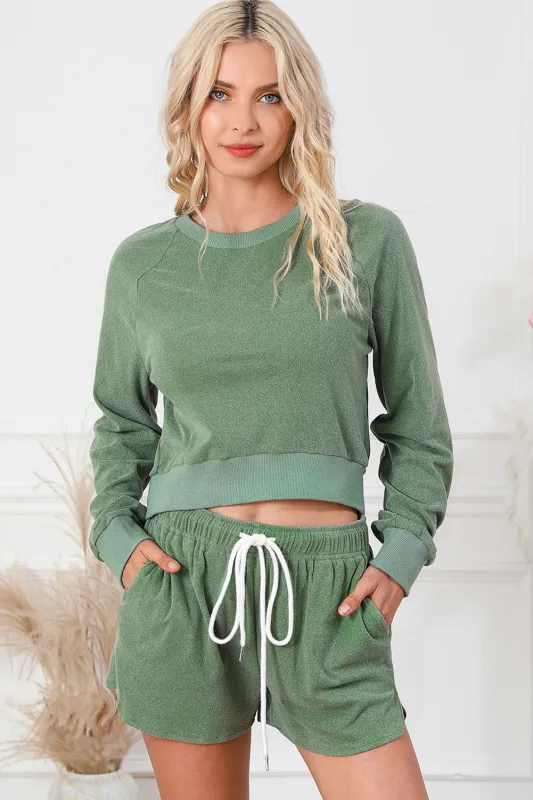 Green Fleece Two-piece Cropped Pullover and Shorts Set sold by Beagle Boutique