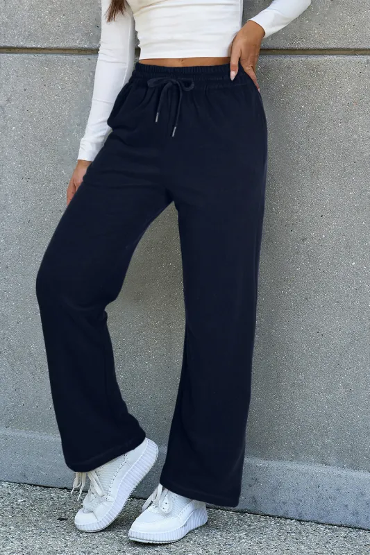 Navy Blue Solid Colour Fleece Lined Drawstring Waist Casual Trousers sold by Beagle Boutique