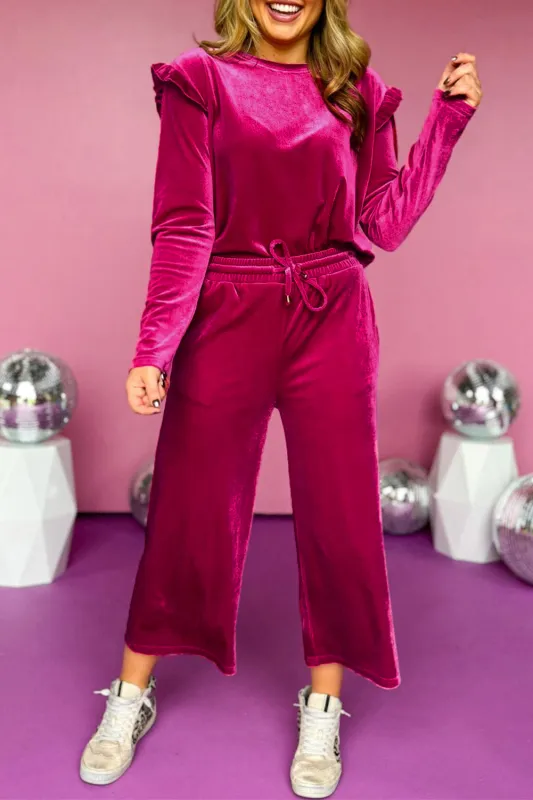 Rose Red Solid Velvet Ruffled Two Piece Trousers Set sold by Beagle Boutique