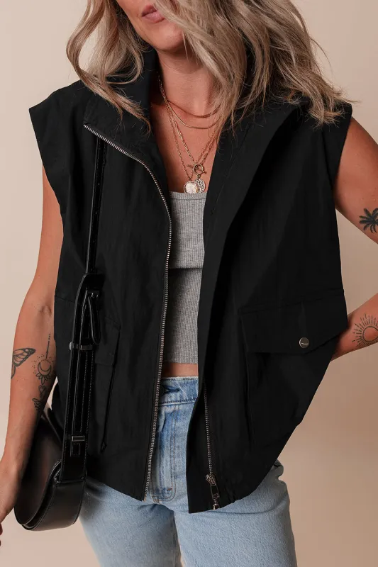 Black Flap Pockets Zip Up High Neck Gilet sold by Beagle Boutique