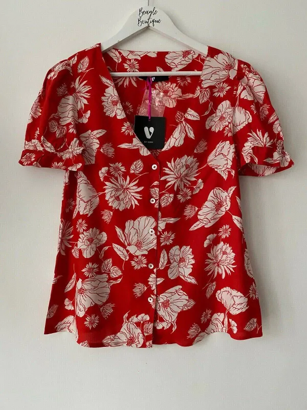 Very Red White Floral Collarless Blouse Size 8 sold by Beagle Boutique