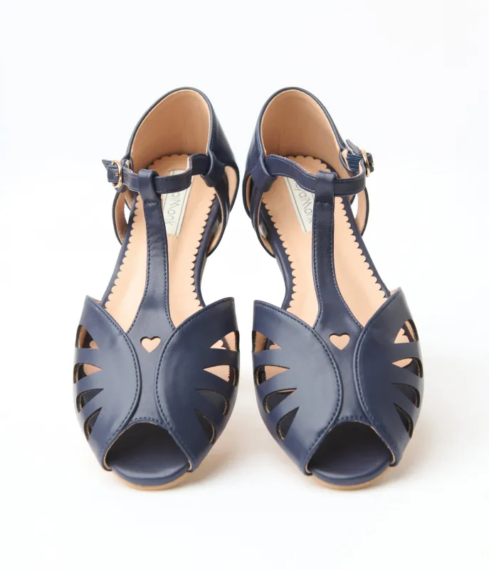 Royal Monk Navy Blue Leatherette Peep Toe T-Strap Flats sold by Unique Vintage